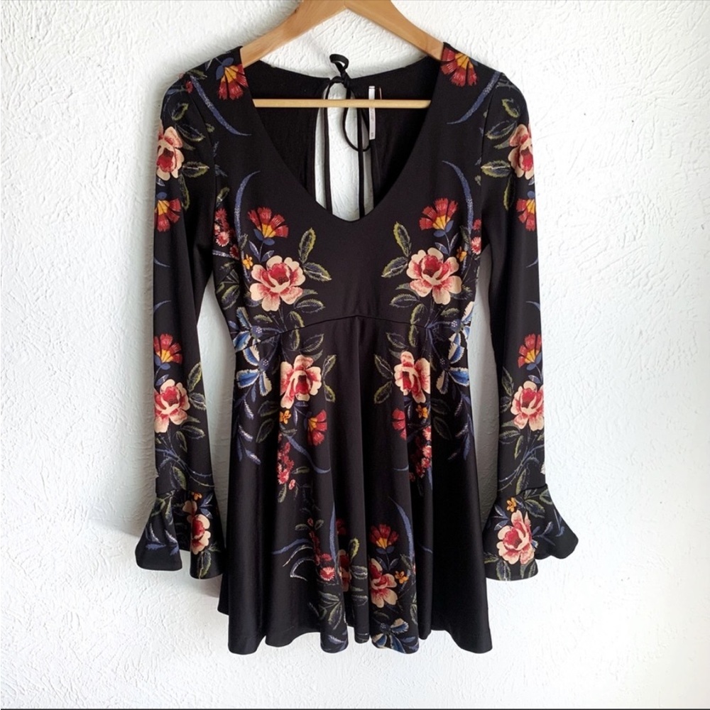 Free People Floral Open Back Flare Long Sleeve Fit & Flare Dress XS